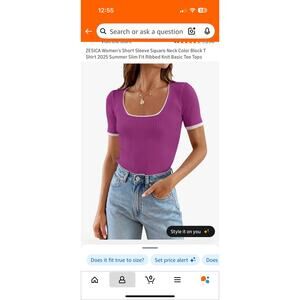 Zesica Short Sleeve Square Neck Ribbed Magenta Colorblock Basic Knit Tee Large